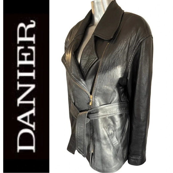 Danier Leather Coat Motorcycle Jacket Black Leather Belted  Coat Small - Picture 3 of 9
